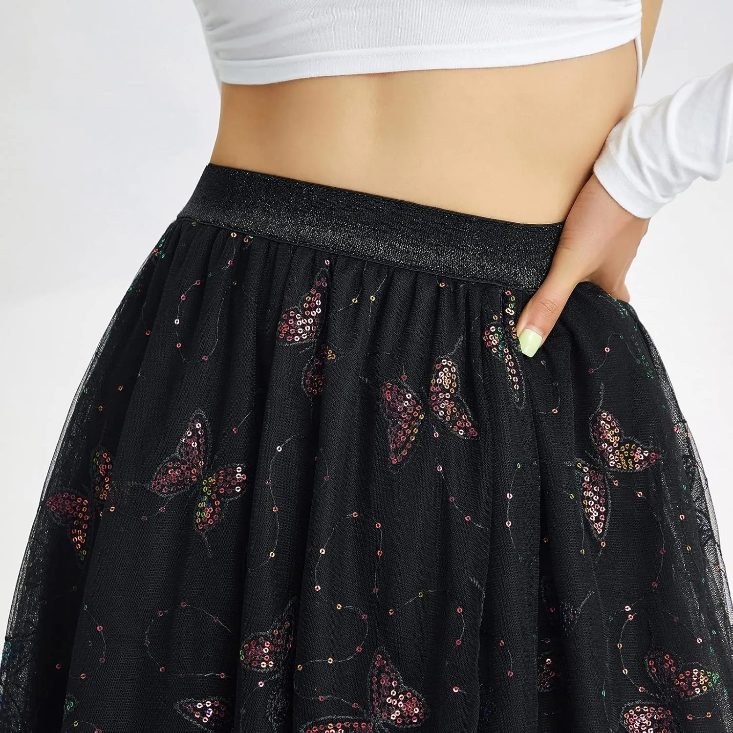Women's Tutu Tulle Skirt Elastic High Waist Layered Midi Skirt Floral Lace Embroidery Mesh A-Line Skirt
