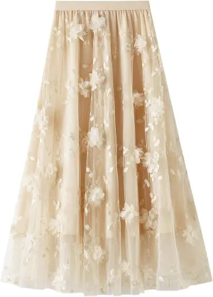 Women's Tutu Tulle Skirt Elastic High Waist Layered Midi Skirt Floral Lace Embroidery Mesh A-Line Skirt