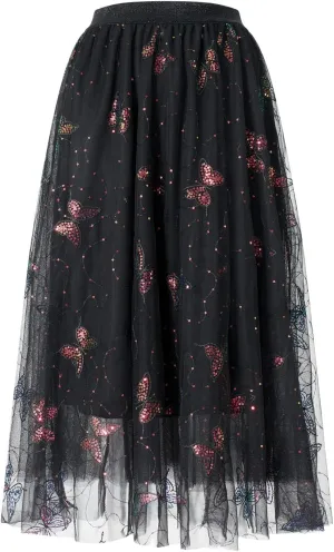 Women's Tutu Tulle Skirt Elastic High Waist Layered Midi Skirt Floral Lace Embroidery Mesh A-Line Skirt