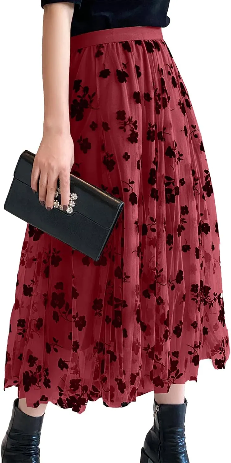 Women's Tutu Tulle Skirt Elastic High Waist Layered Midi Skirt Floral Lace Embroidery Mesh A-Line Skirt