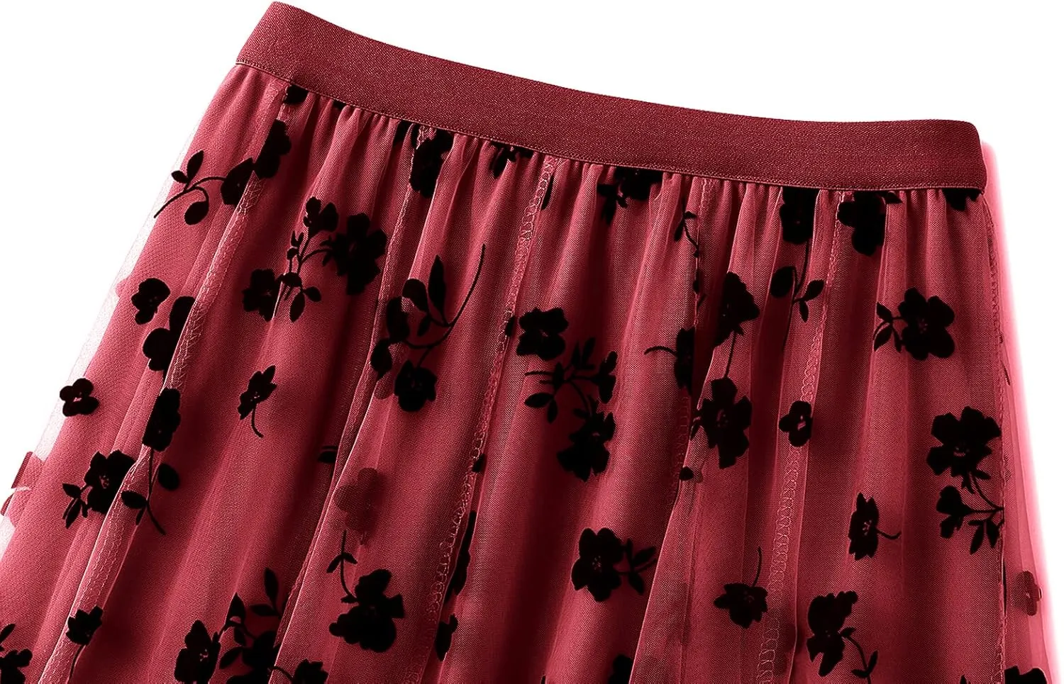 Women's Tutu Tulle Skirt Elastic High Waist Layered Midi Skirt Floral Lace Embroidery Mesh A-Line Skirt