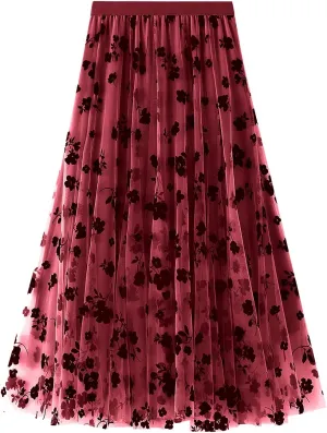 Women's Tutu Tulle Skirt Elastic High Waist Layered Midi Skirt Floral Lace Embroidery Mesh A-Line Skirt