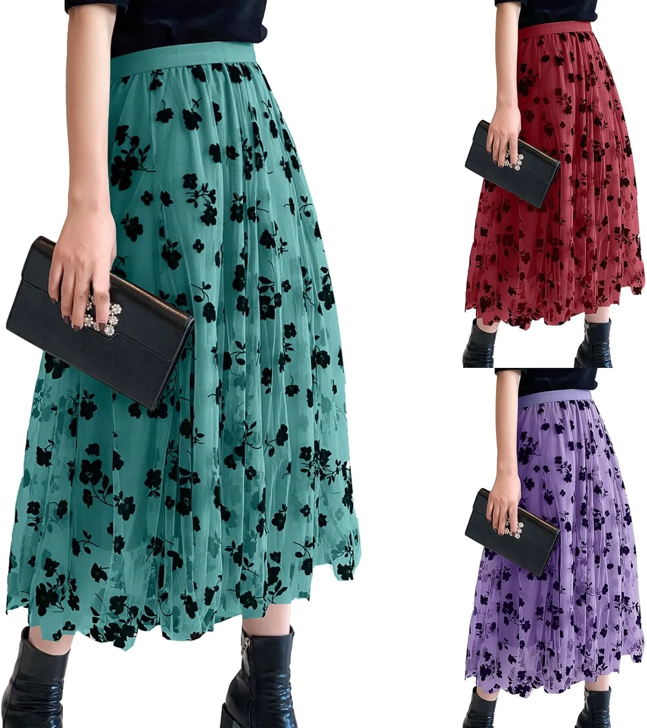 Women's Tutu Tulle Skirt Elastic High Waist Layered Midi Skirt Floral Lace Embroidery Mesh A-Line Skirt