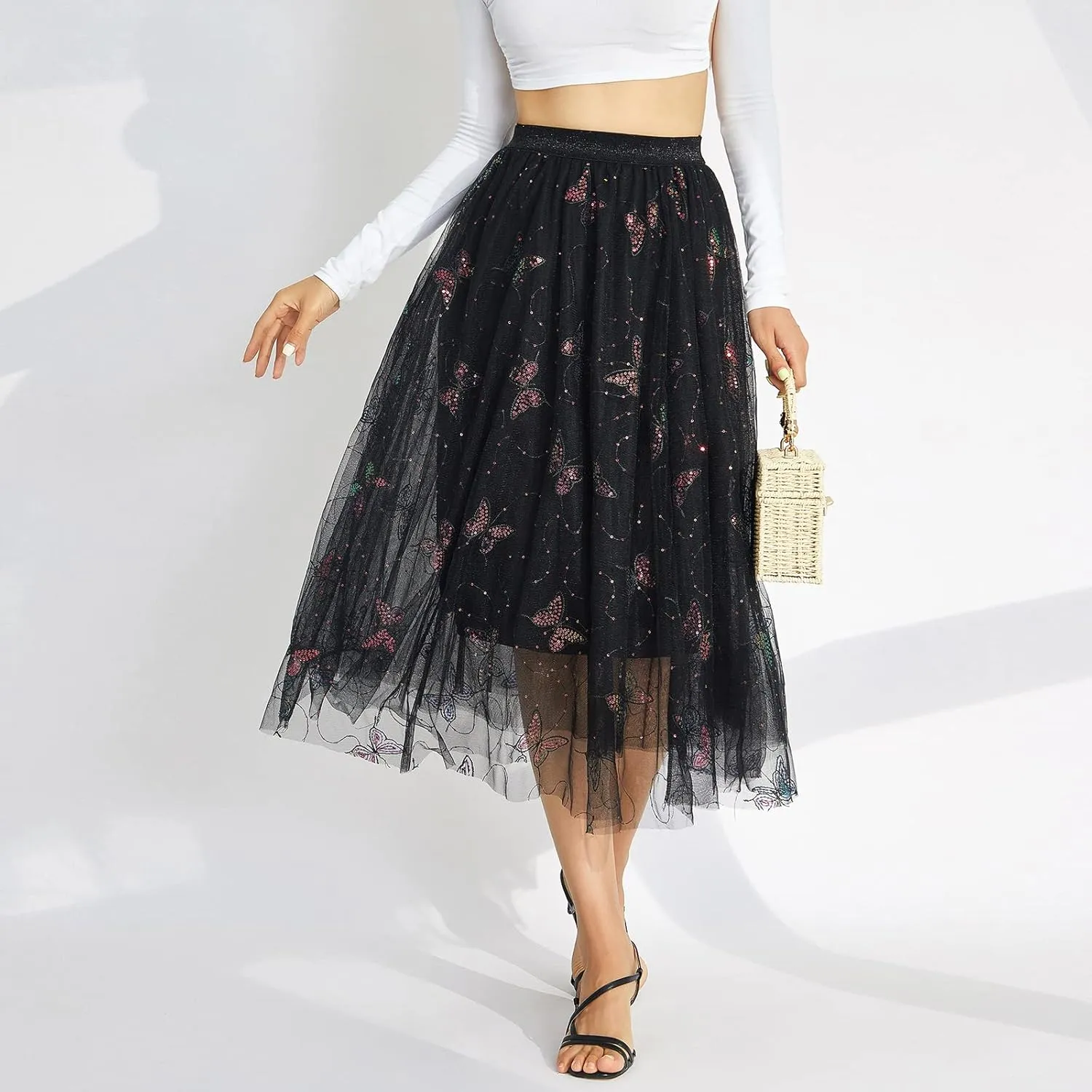 Women's Tutu Tulle Skirt Elastic High Waist Layered Midi Skirt Floral Lace Embroidery Mesh A-Line Skirt