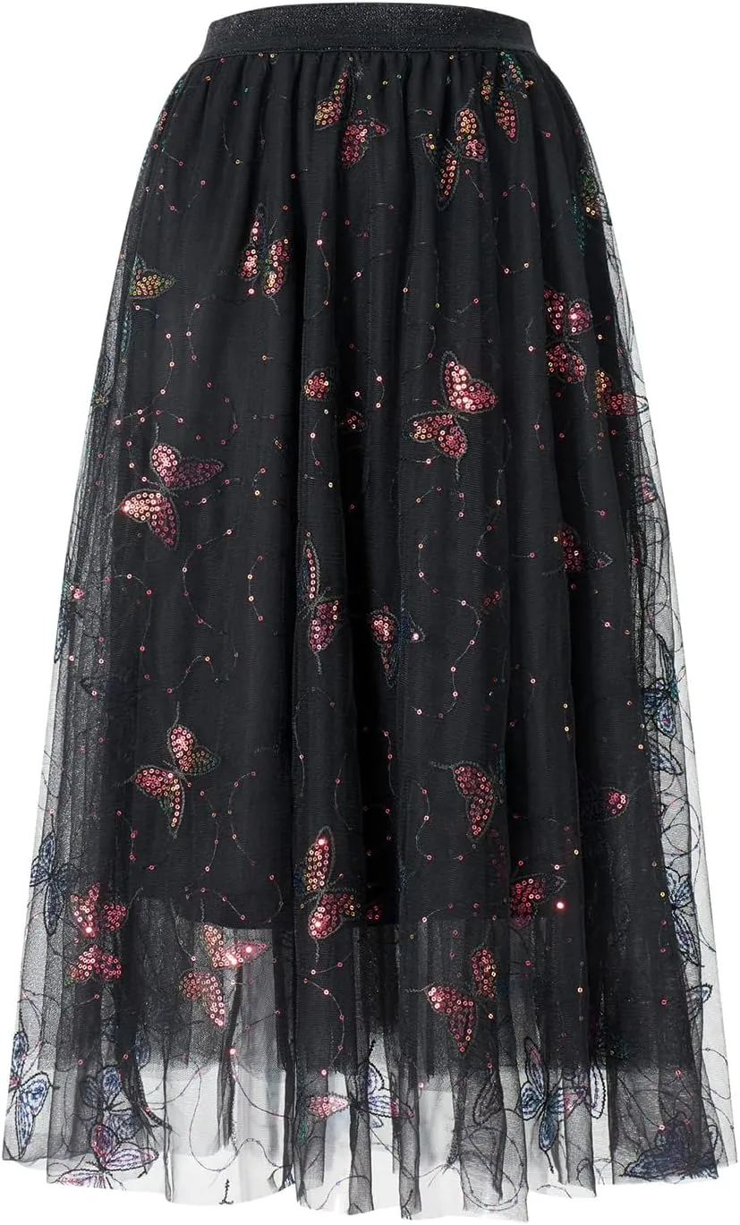 Women's Tutu Tulle Skirt Elastic High Waist Layered Midi Skirt Floral Lace Embroidery Mesh A-Line Skirt