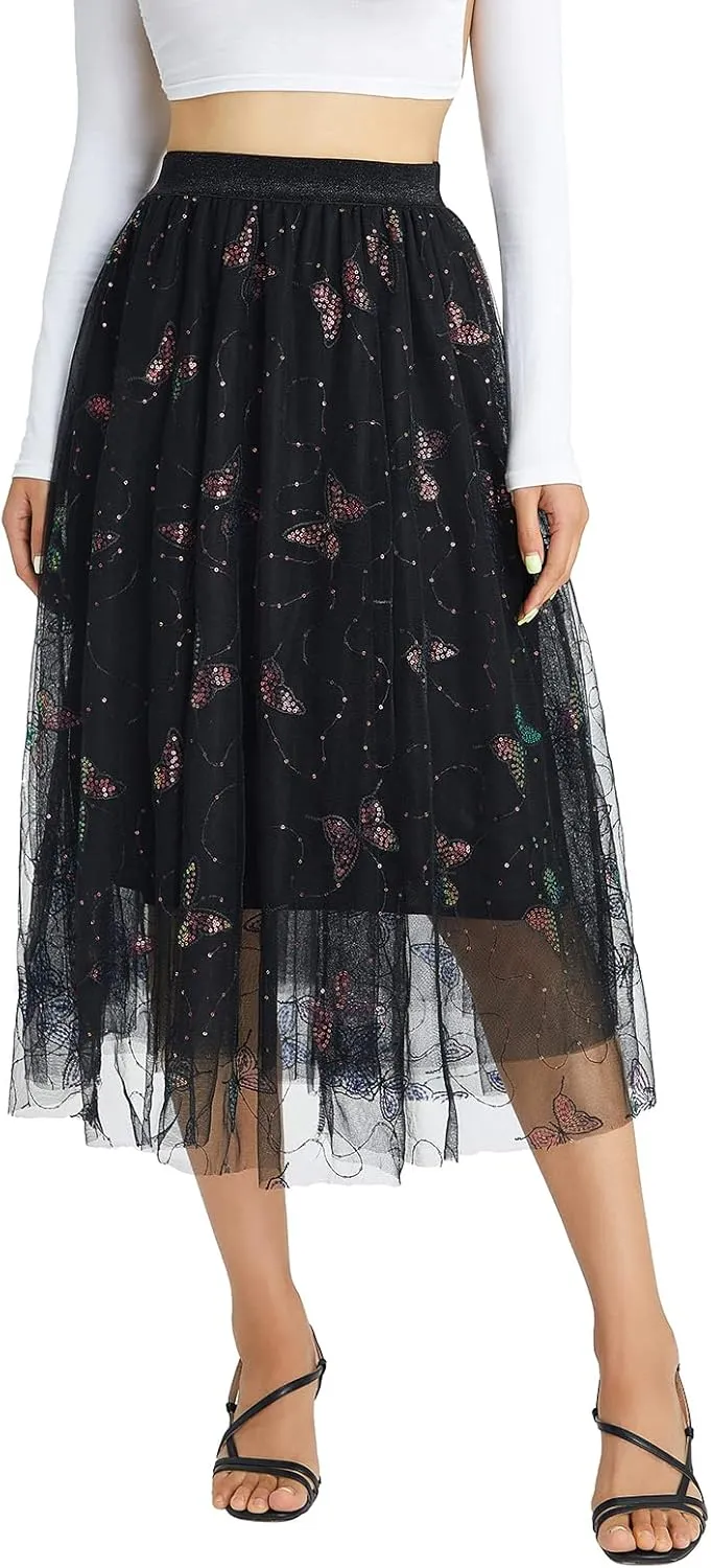Women's Tutu Tulle Skirt Elastic High Waist Layered Midi Skirt Floral Lace Embroidery Mesh A-Line Skirt