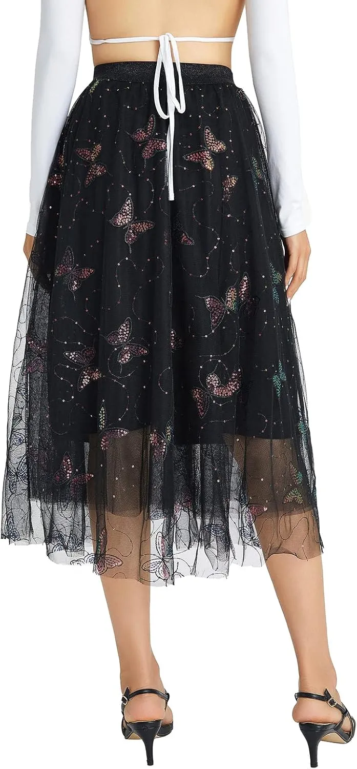 Women's Tutu Tulle Skirt Elastic High Waist Layered Midi Skirt Floral Lace Embroidery Mesh A-Line Skirt