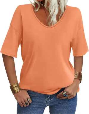 Women's V Neck Tops Elbow Length Shirts Loose Fit Summer Tops Basic Tees