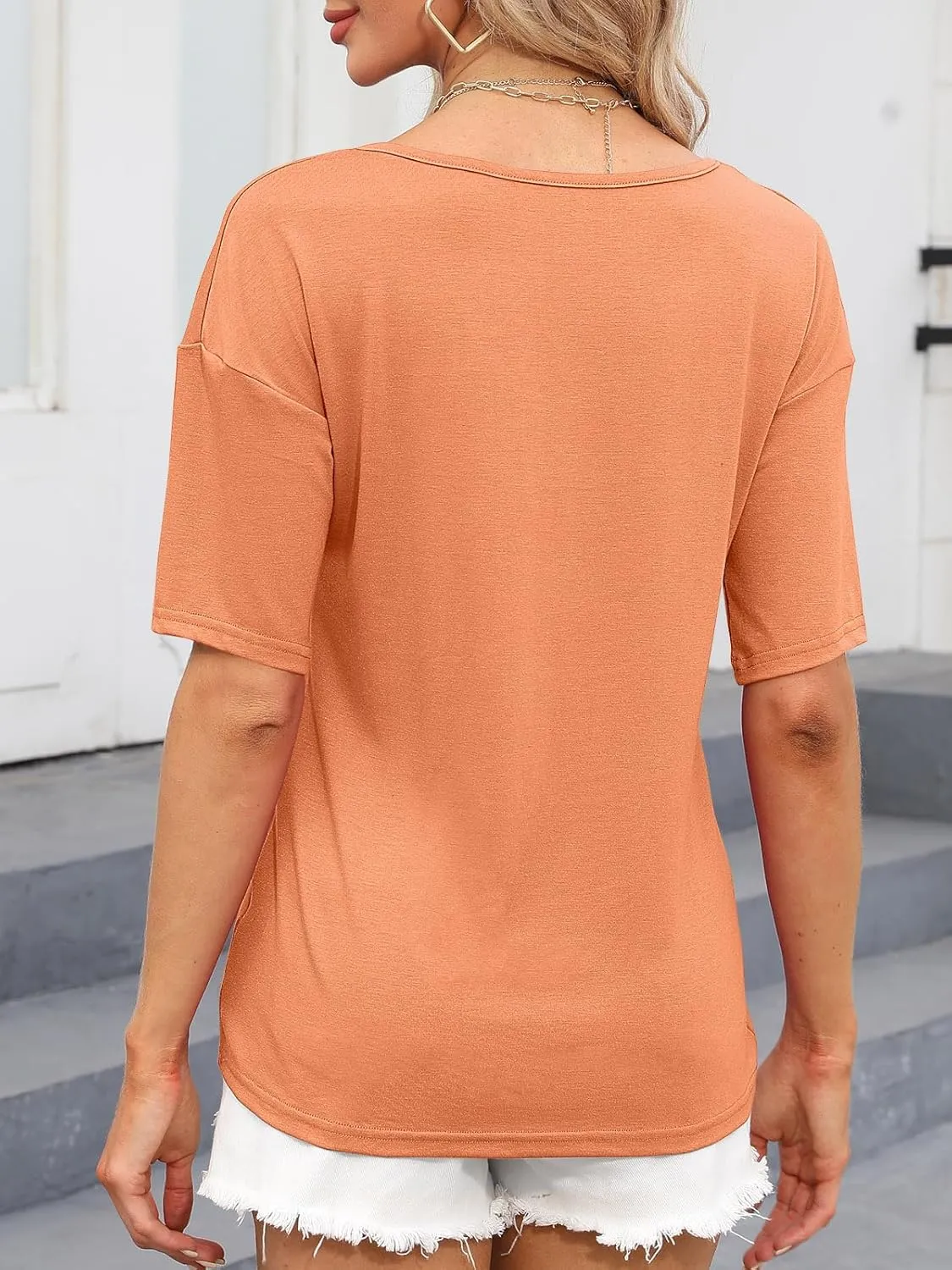 Women's V Neck Tops Elbow Length Shirts Loose Fit Summer Tops Basic Tees