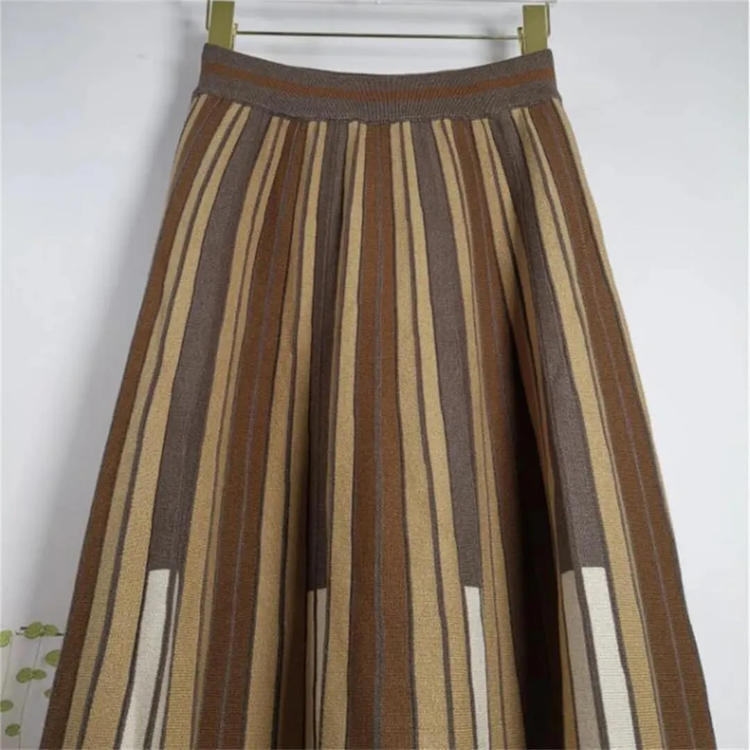 Women's Vintage Striped Knitted Midi Skirt High Waist A-Line Pleated