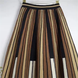 Women's Vintage Striped Knitted Midi Skirt High Waist A-Line Pleated