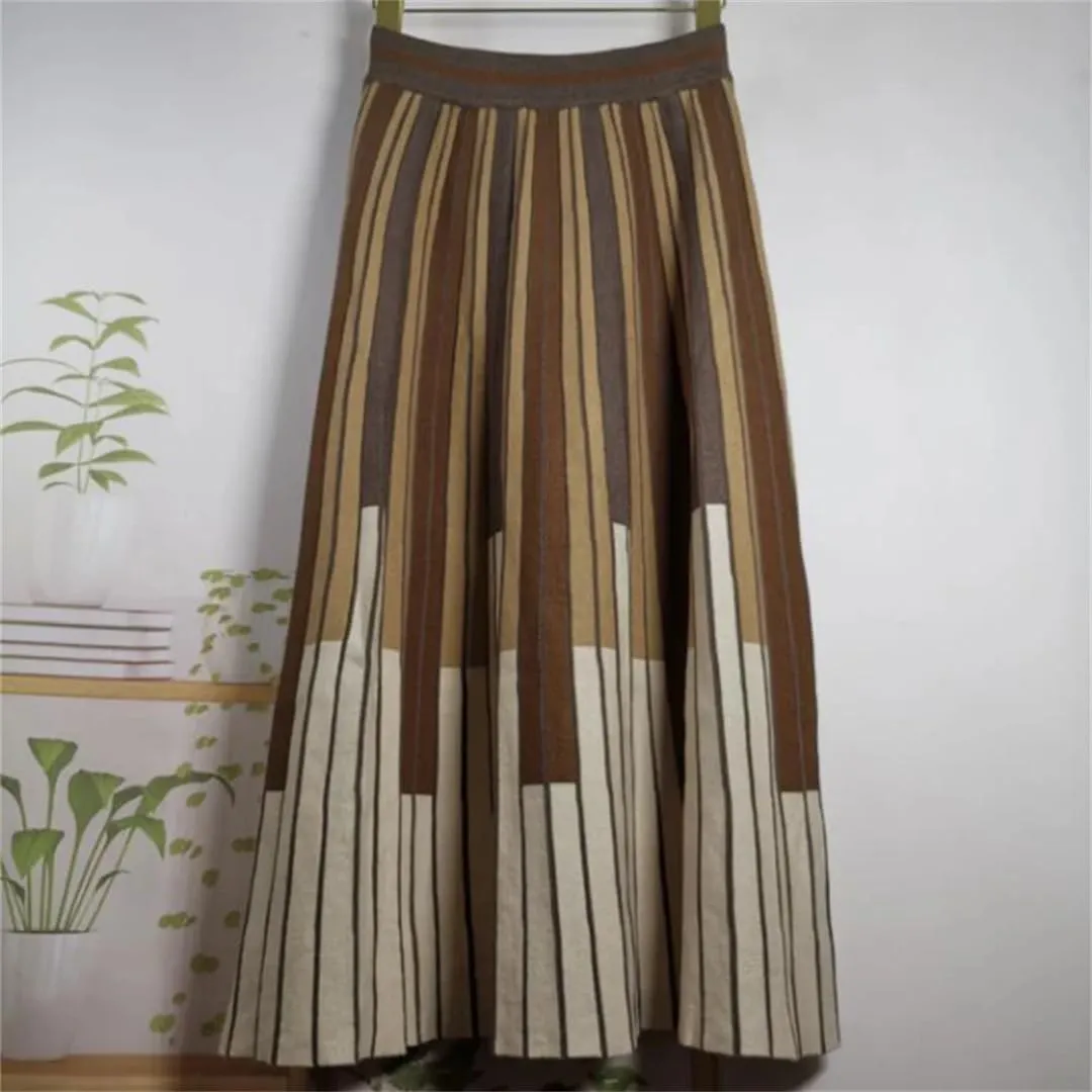 Women's Vintage Striped Knitted Midi Skirt High Waist A-Line Pleated