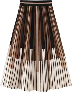 Women's Vintage Striped Knitted Midi Skirt High Waist A-Line Pleated