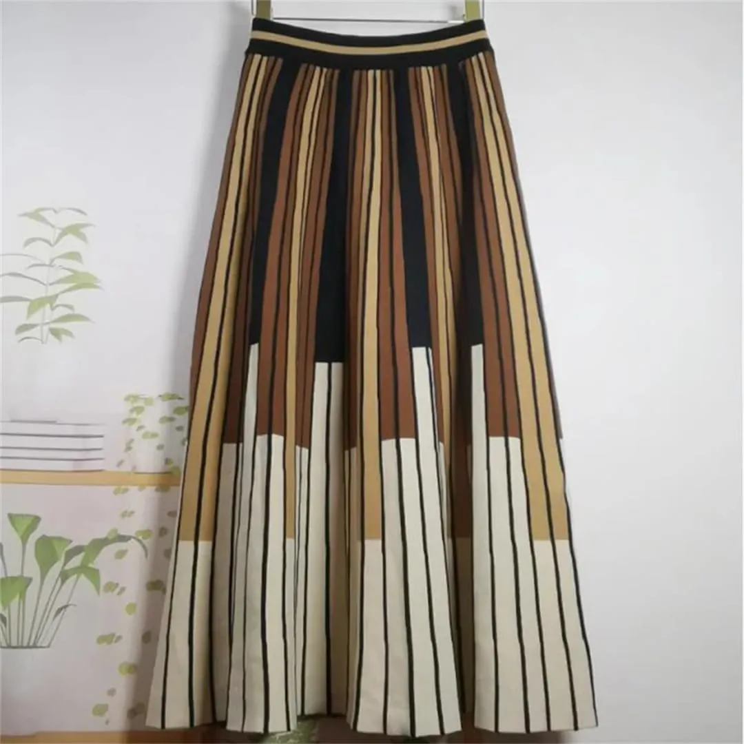 Women's Vintage Striped Knitted Midi Skirt High Waist A-Line Pleated
