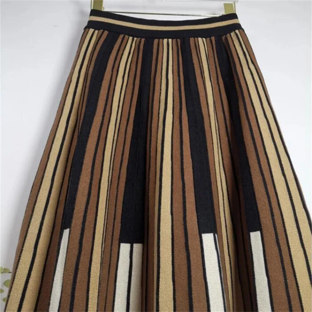 Women's Vintage Striped Knitted Midi Skirt High Waist A-Line Pleated