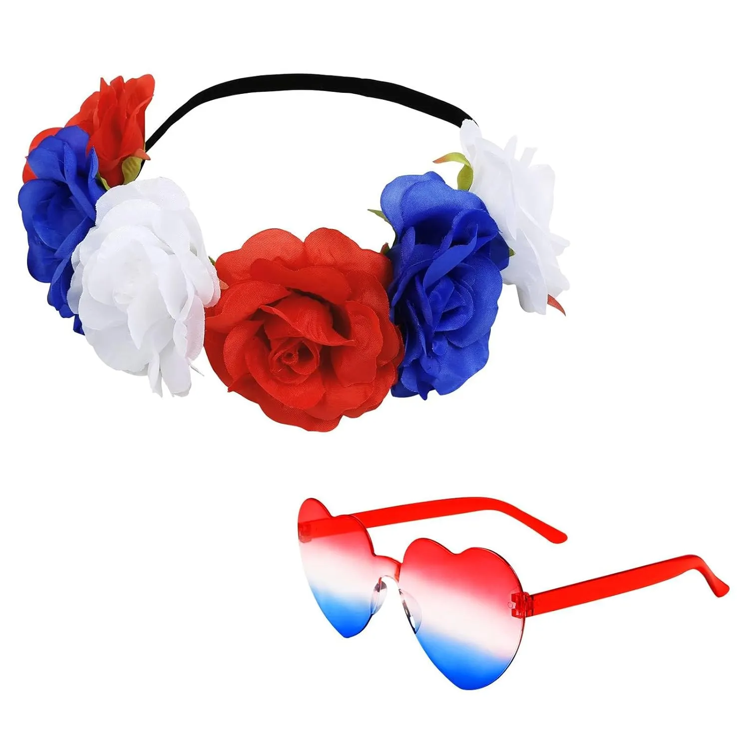 WOVOWOVO 4th of July Flower Headbands for Women Girls American Independence Day Red White and Blue Rose Flower Crown Patriotic Elastic Floral Head Bands Hair Accessories with Heart Sunglasses Set