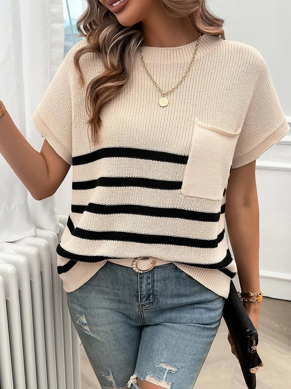 Wowcarbazole Women's Cap Sleeve Sweater Tops Crewneck Striped Casual Spring Summer Basic Knit Pullover Tee Shirt with Pocket