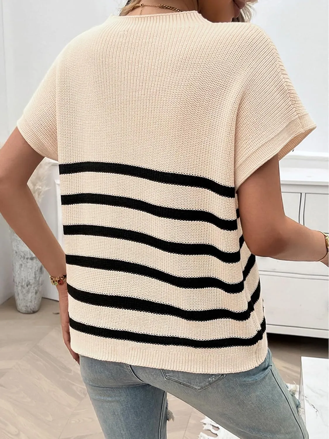 Wowcarbazole Women's Cap Sleeve Sweater Tops Crewneck Striped Casual Spring Summer Basic Knit Pullover Tee Shirt with Pocket