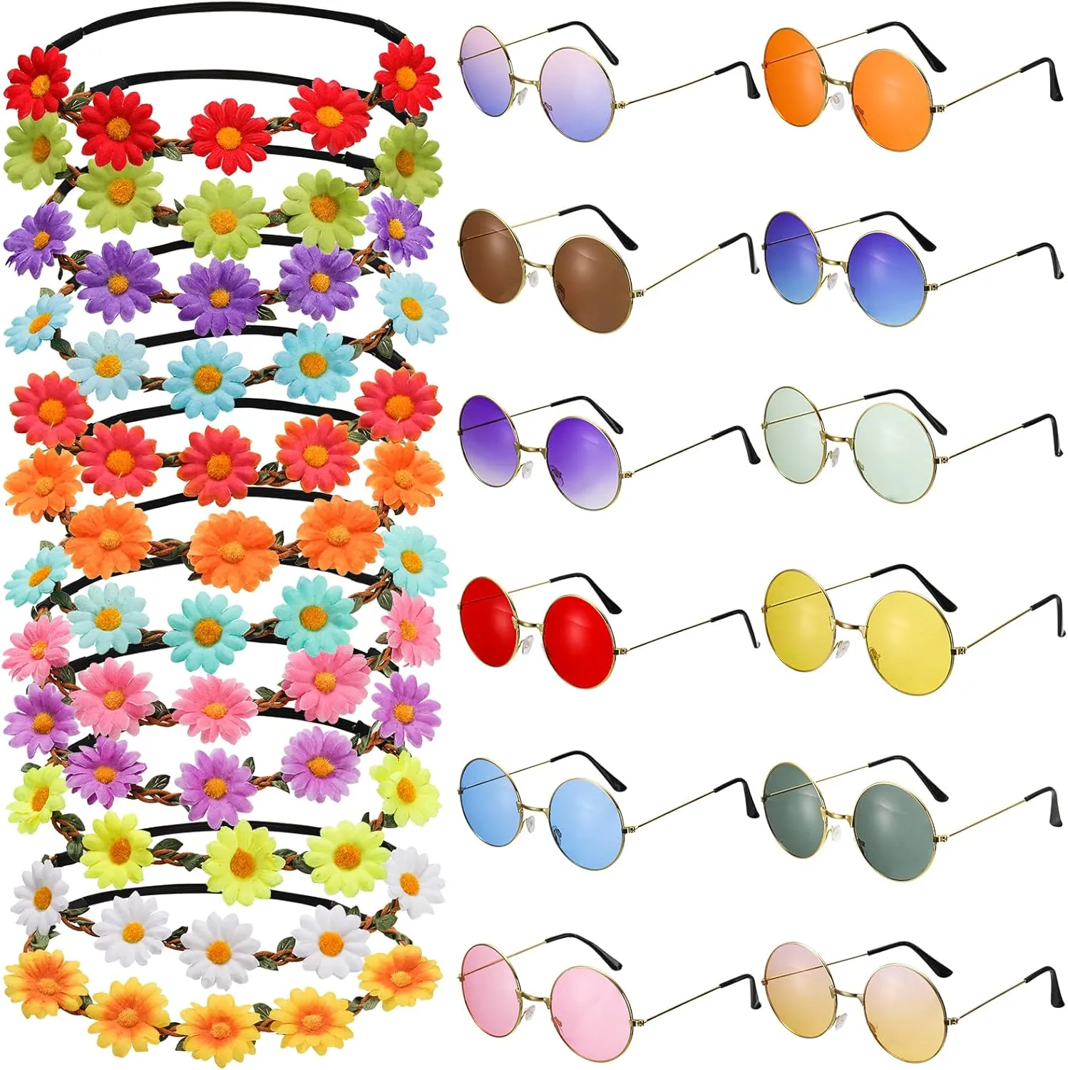 WUWEOT 24 Pieces Hippie Headband Glasses Costume Set, Includes 12 Pieces Flower Headbands and 12 Pieces 60s 70s Retro Hippie Sunglasses, Round Eyewear Flower Crown Set for Party Favors