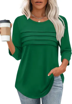 XIEERDUO Women's 3/4 Length Sleeve Tops Dressy Casual Blouses Crewneck T-Shirts Loose Curved Hem Tunic S-3XL