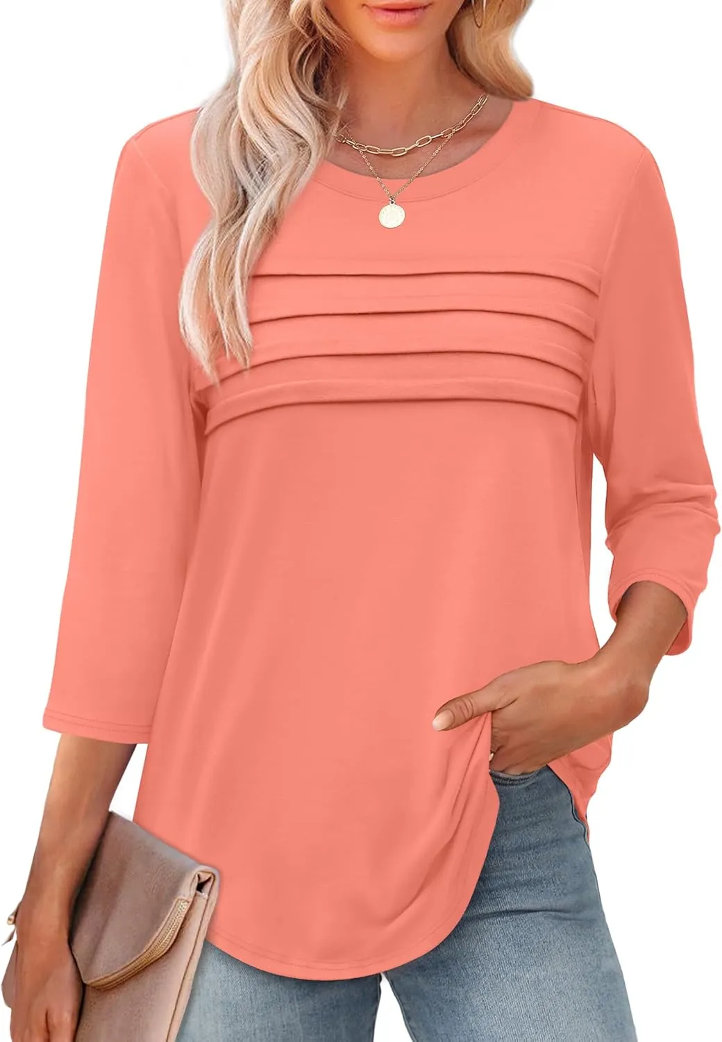 XIEERDUO Women's 3/4 Length Sleeve Tops Dressy Casual Blouses Crewneck T-Shirts Loose Curved Hem Tunic S-3XL