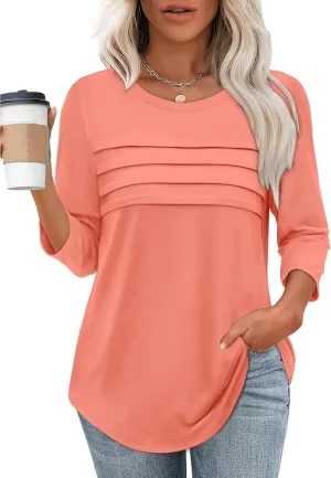 XIEERDUO Women's 3/4 Length Sleeve Tops Dressy Casual Blouses Crewneck T-Shirts Loose Curved Hem Tunic S-3XL