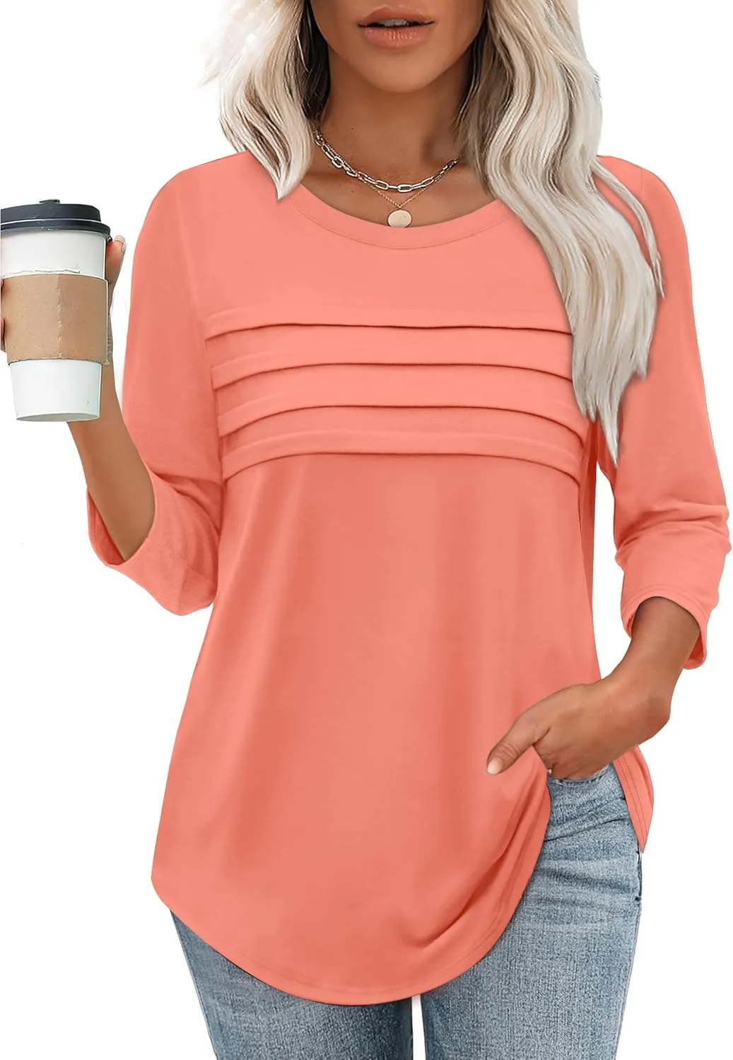 XIEERDUO Women's 3/4 Length Sleeve Tops Dressy Casual Blouses Crewneck T-Shirts Loose Curved Hem Tunic S-3XL