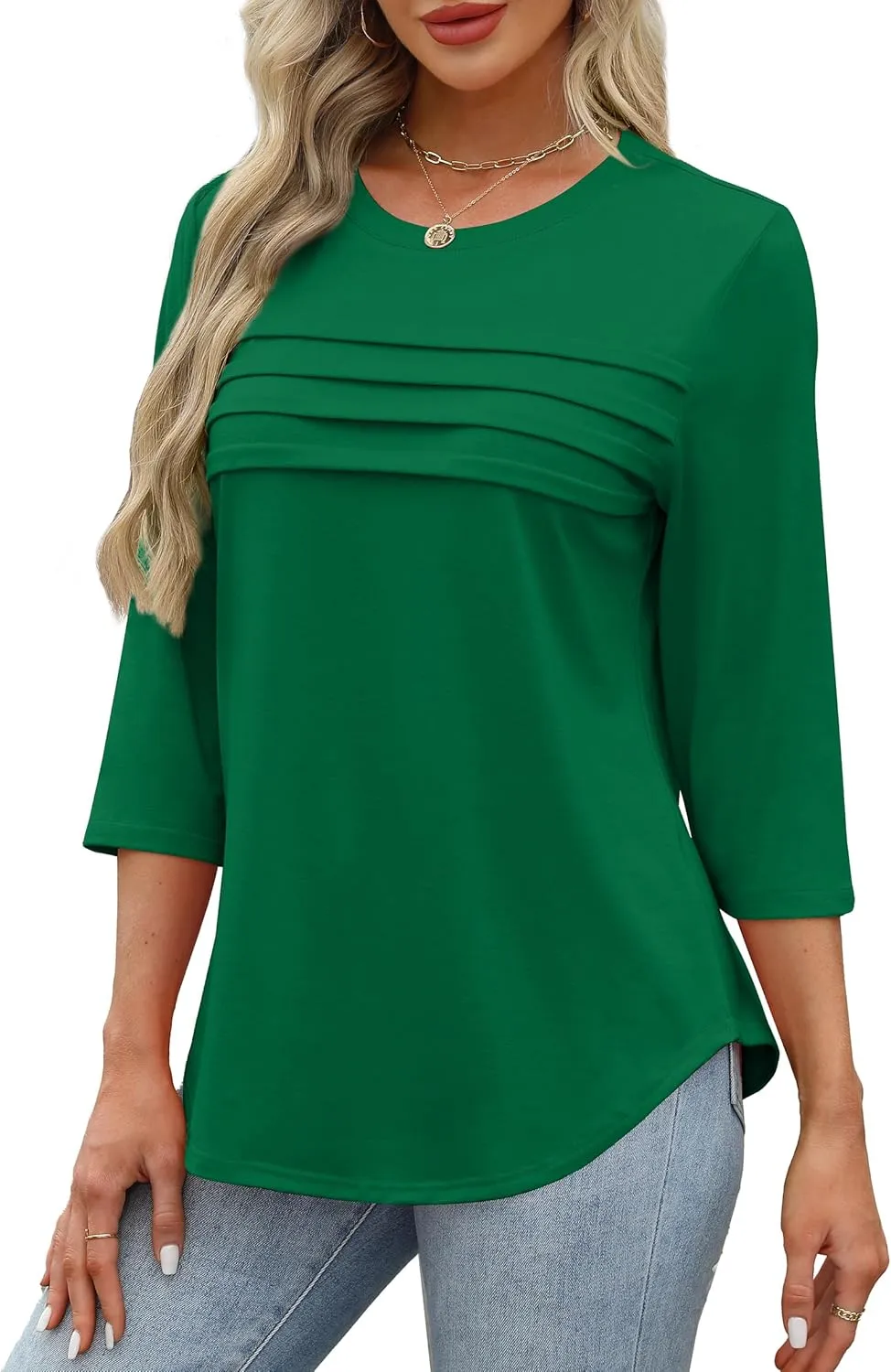 XIEERDUO Women's 3/4 Length Sleeve Tops Dressy Casual Blouses Crewneck T-Shirts Loose Curved Hem Tunic S-3XL