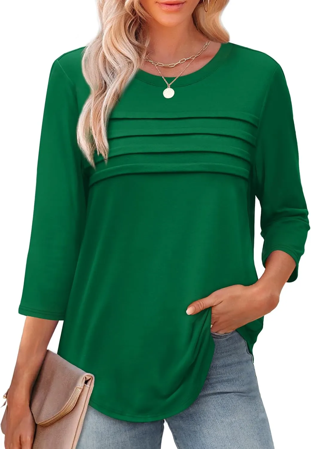 XIEERDUO Women's 3/4 Length Sleeve Tops Dressy Casual Blouses Crewneck T-Shirts Loose Curved Hem Tunic S-3XL