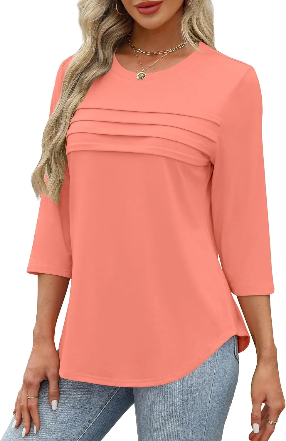 XIEERDUO Women's 3/4 Length Sleeve Tops Dressy Casual Blouses Crewneck T-Shirts Loose Curved Hem Tunic S-3XL