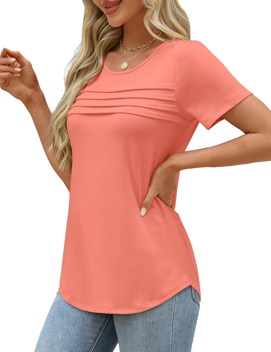 XIEERDUO Women's Pleated Tops Dressy Casual Short Sleeve T-Shirts Fashion Blouses Loose Curved Hem Long Tunic S-3XL