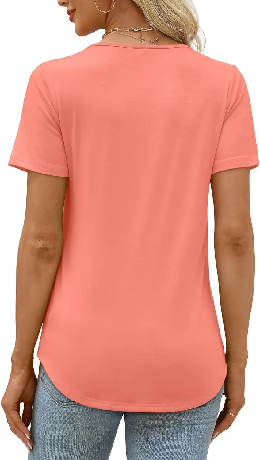 XIEERDUO Women's Pleated Tops Dressy Casual Short Sleeve T-Shirts Fashion Blouses Loose Curved Hem Long Tunic S-3XL