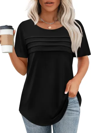 XIEERDUO Women's Pleated Tops Dressy Casual Short Sleeve T-Shirts Fashion Blouses Loose Curved Hem Long Tunic S-3XL