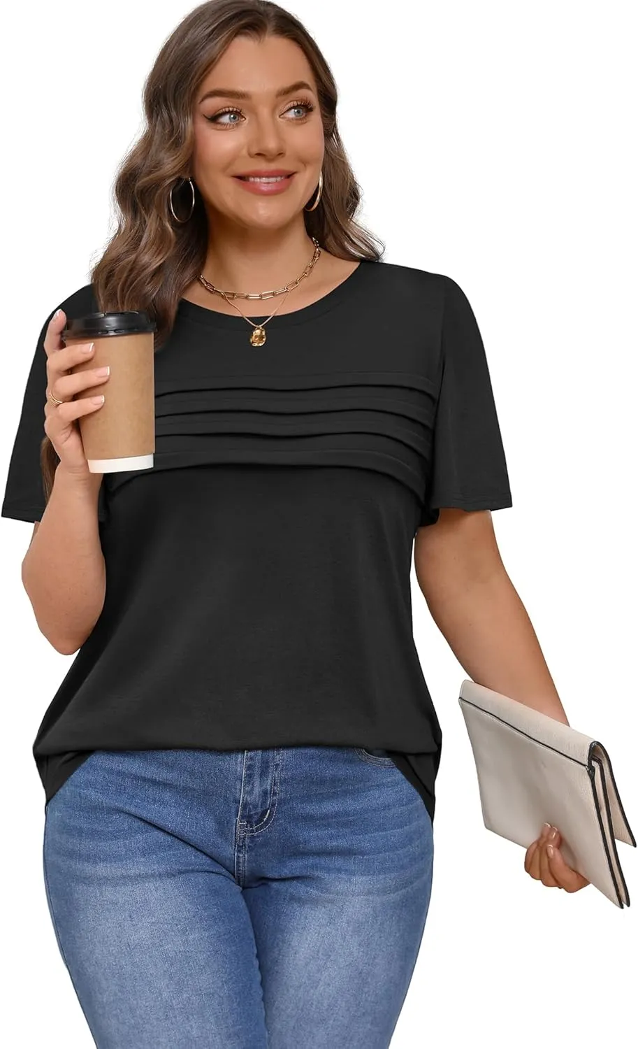 XIEERDUO Women's Pleated Tops Dressy Casual Short Sleeve T-Shirts Fashion Blouses Loose Curved Hem Long Tunic S-3XL