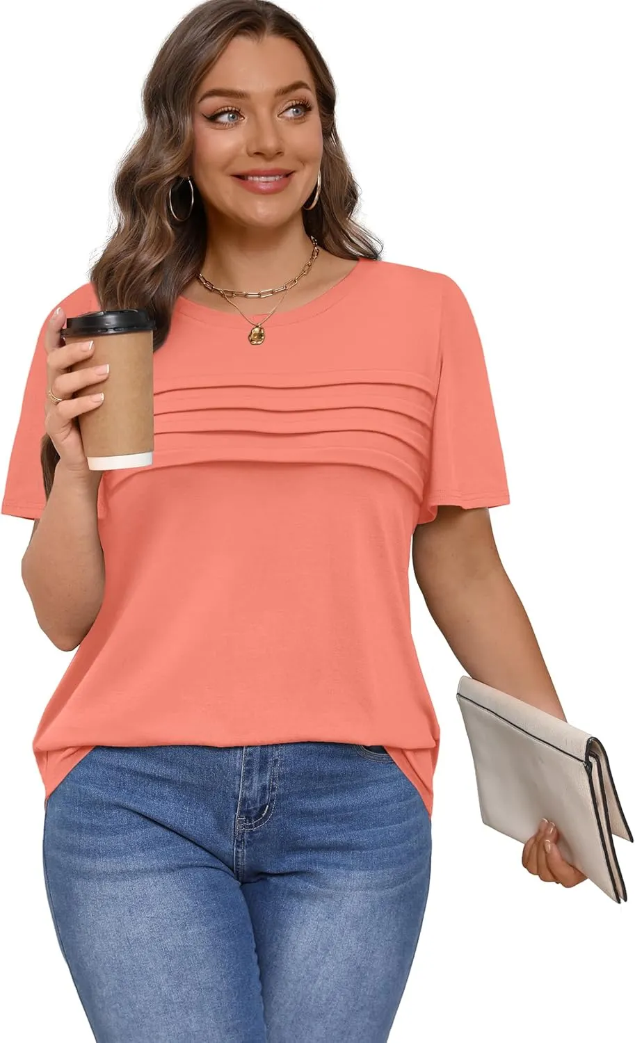XIEERDUO Women's Pleated Tops Dressy Casual Short Sleeve T-Shirts Fashion Blouses Loose Curved Hem Long Tunic S-3XL
