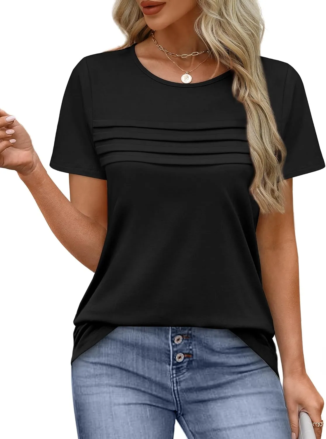XIEERDUO Women's Pleated Tops Dressy Casual Short Sleeve T-Shirts Fashion Blouses Loose Curved Hem Long Tunic S-3XL