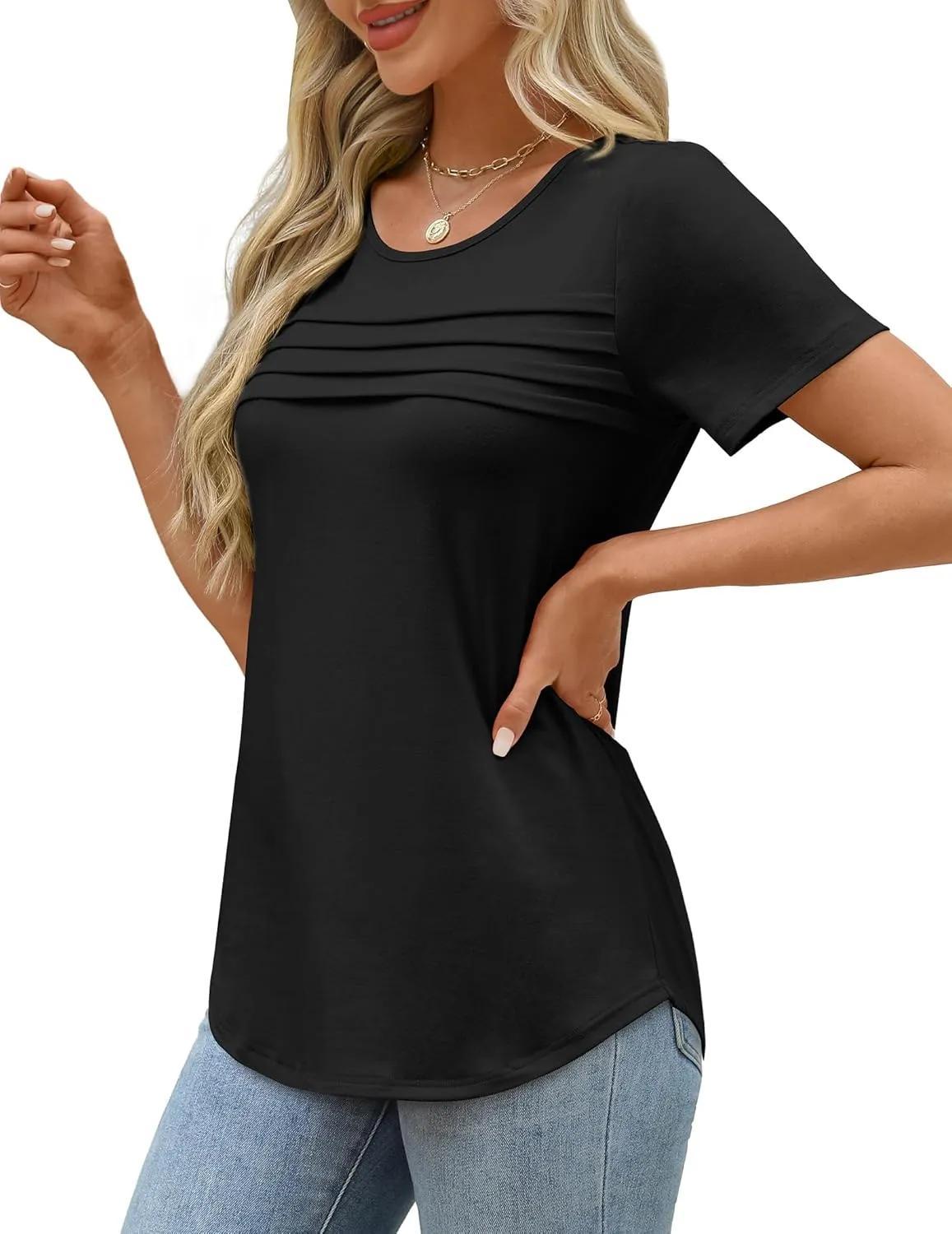 XIEERDUO Women's Pleated Tops Dressy Casual Short Sleeve T-Shirts Fashion Blouses Loose Curved Hem Long Tunic S-3XL