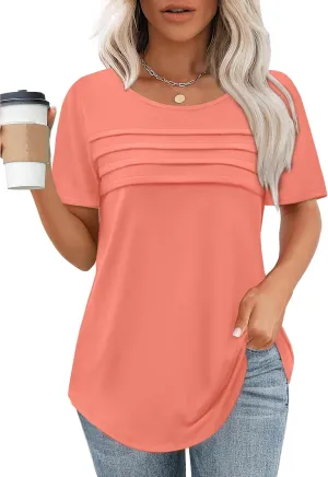 XIEERDUO Women's Pleated Tops Dressy Casual Short Sleeve T-Shirts Fashion Blouses Loose Curved Hem Long Tunic S-3XL