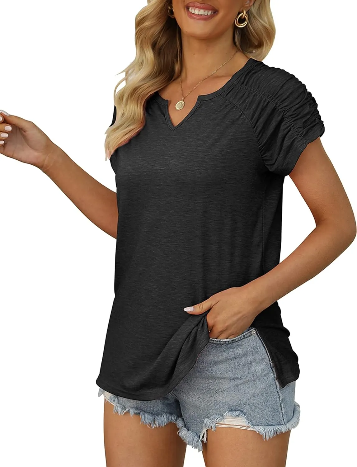 XIEERDUO Womens Summer Tops Casual V Neck T Shirts Short Sleeve Shirts Loose Fit Flowy