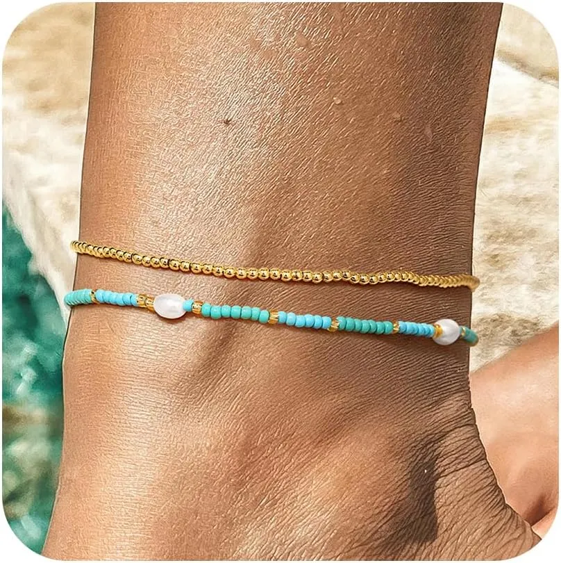 Yoosteel Beaded Ankle Bracelets for Women - Boho Bead Anklets Cute Non Tarnish Adjustable Beach Anklet for Women Jewelry Gifts