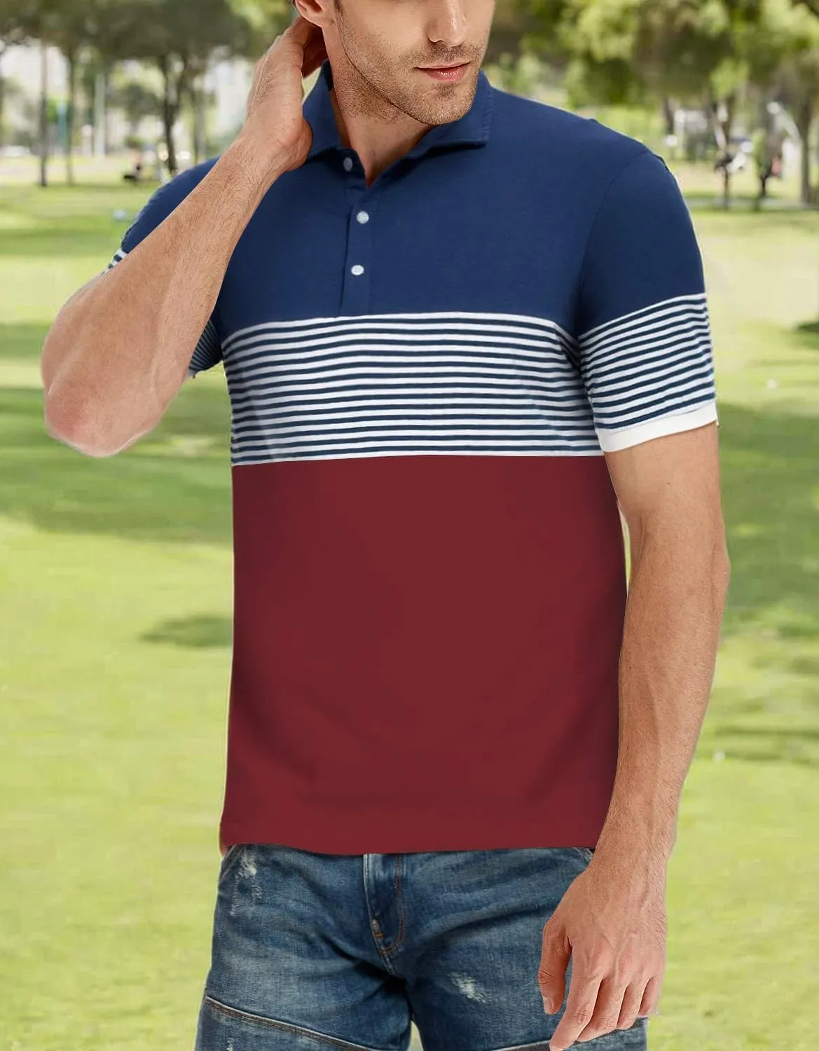 YTD Men's Short Sleeve Polo Shirts Casual Slim Fit Contrast Color Stitching Stripe Cotton Shirts