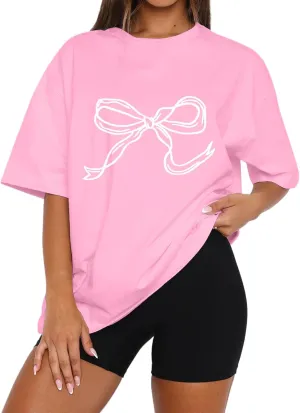 Ythomm Womens Bow Graphic Oversized T-Shirts Short Sleeve Crewneck Summer Basic Tees Going Out Tops Casual Loose Fit Blouse