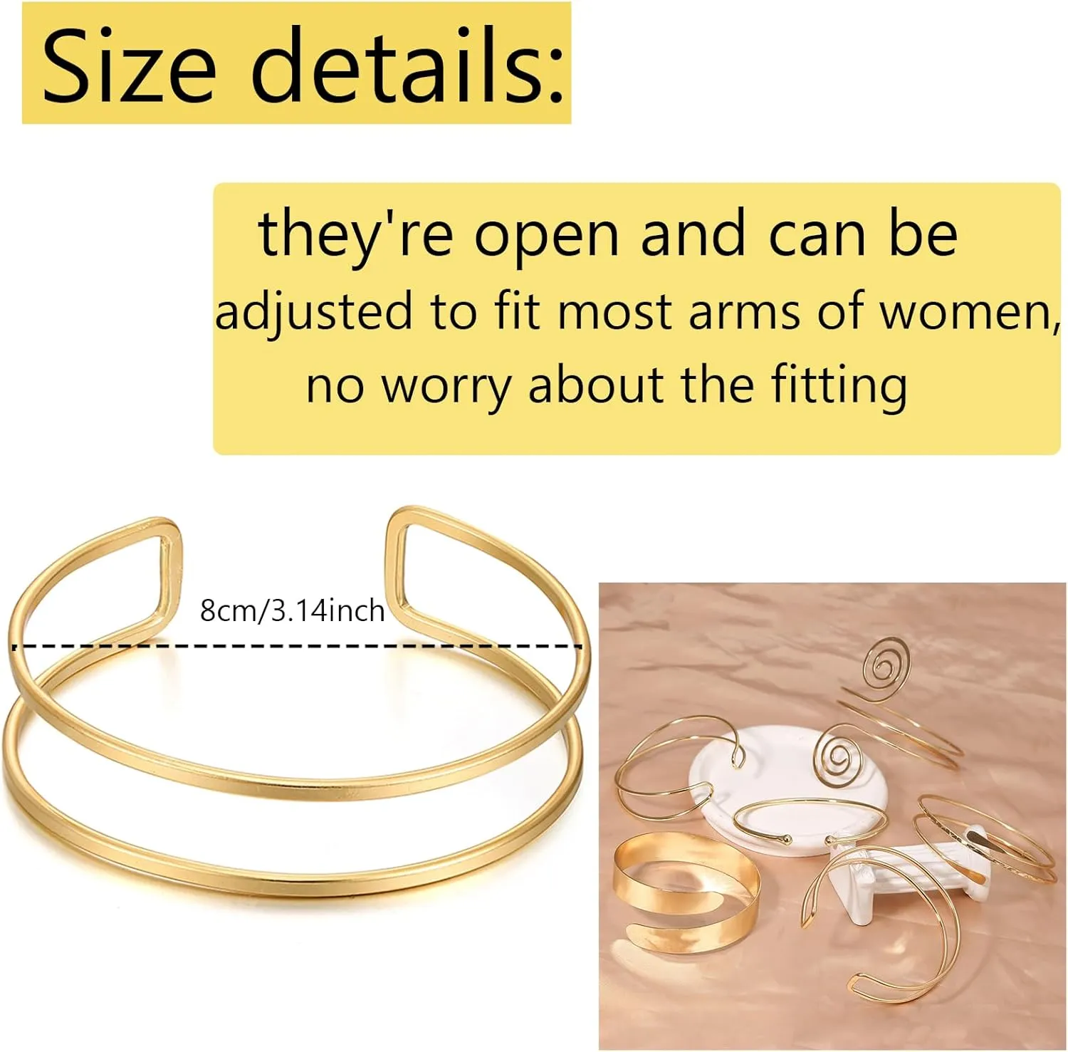 YVVLEE 6 Pieces Minimalist Gold Arm Cuff Bracelets Set Adjustable Coil Bangle Upper Arm Cuff Armband Jewelry Set for Women