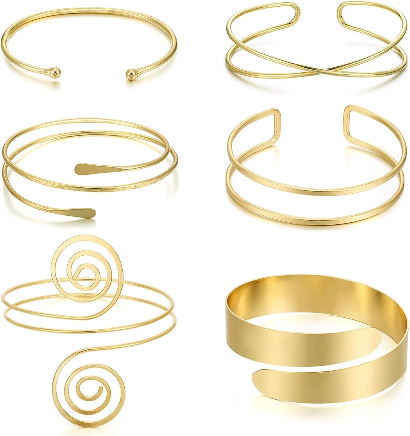 YVVLEE 6 Pieces Minimalist Gold Arm Cuff Bracelets Set Adjustable Coil Bangle Upper Arm Cuff Armband Jewelry Set for Women