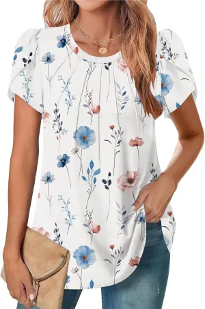 Zeagoo Womens Short Sleeve Tops Pleated Dressy Casual Crew Neck Summer Loose Shirts Blouses