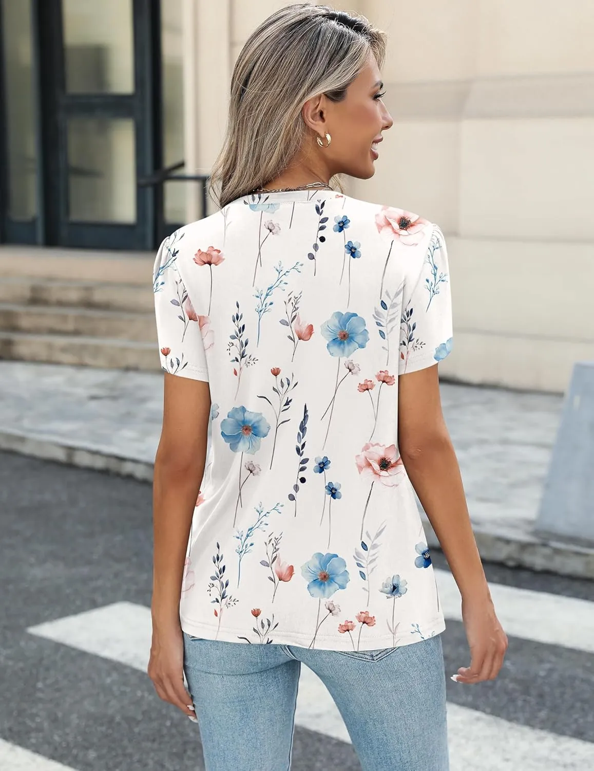 Zeagoo Womens Short Sleeve Tops Pleated Dressy Casual Crew Neck Summer Loose Shirts Blouses
