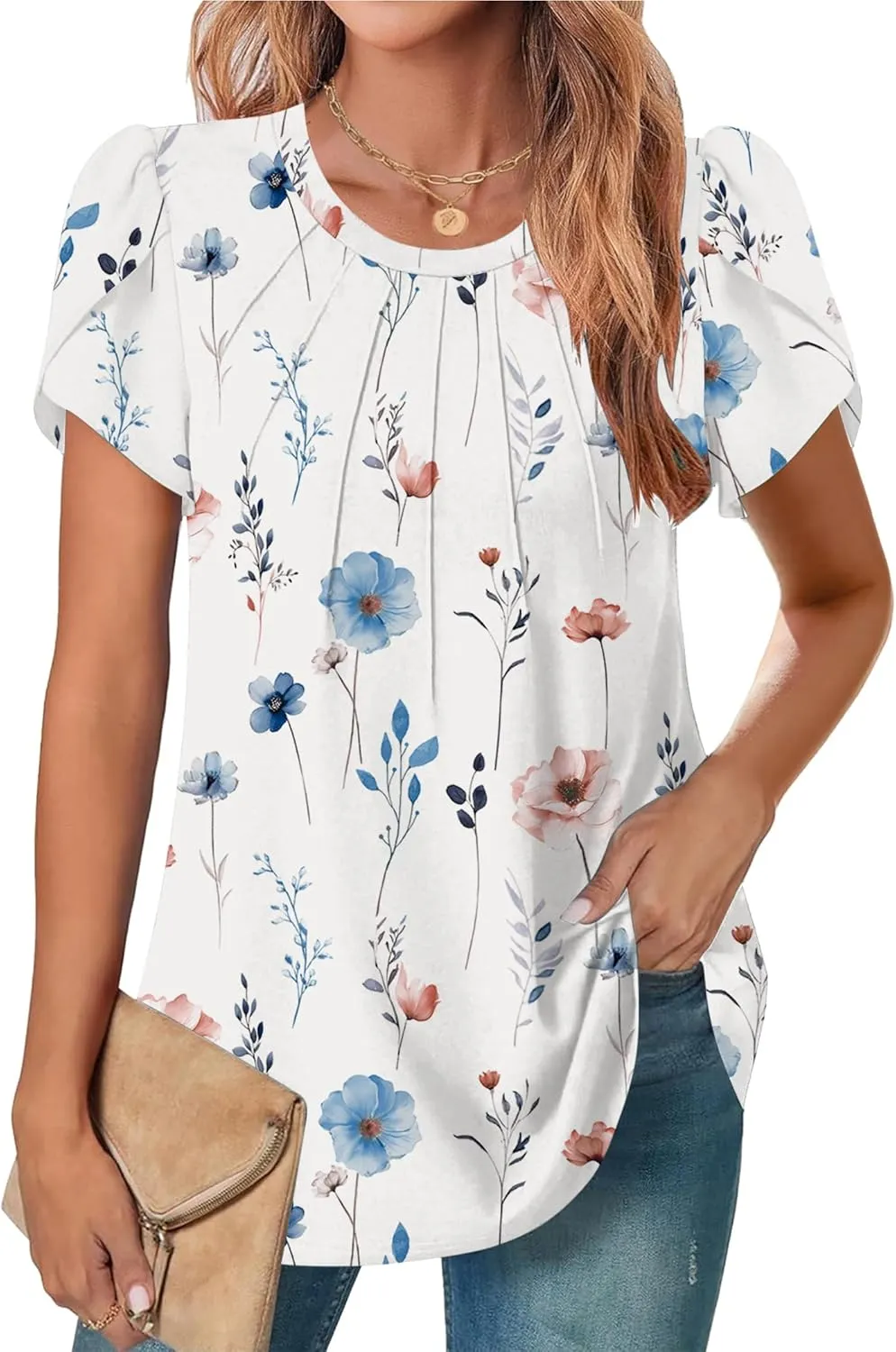 Zeagoo Womens Short Sleeve Tops Pleated Dressy Casual Crew Neck Summer Loose Shirts Blouses
