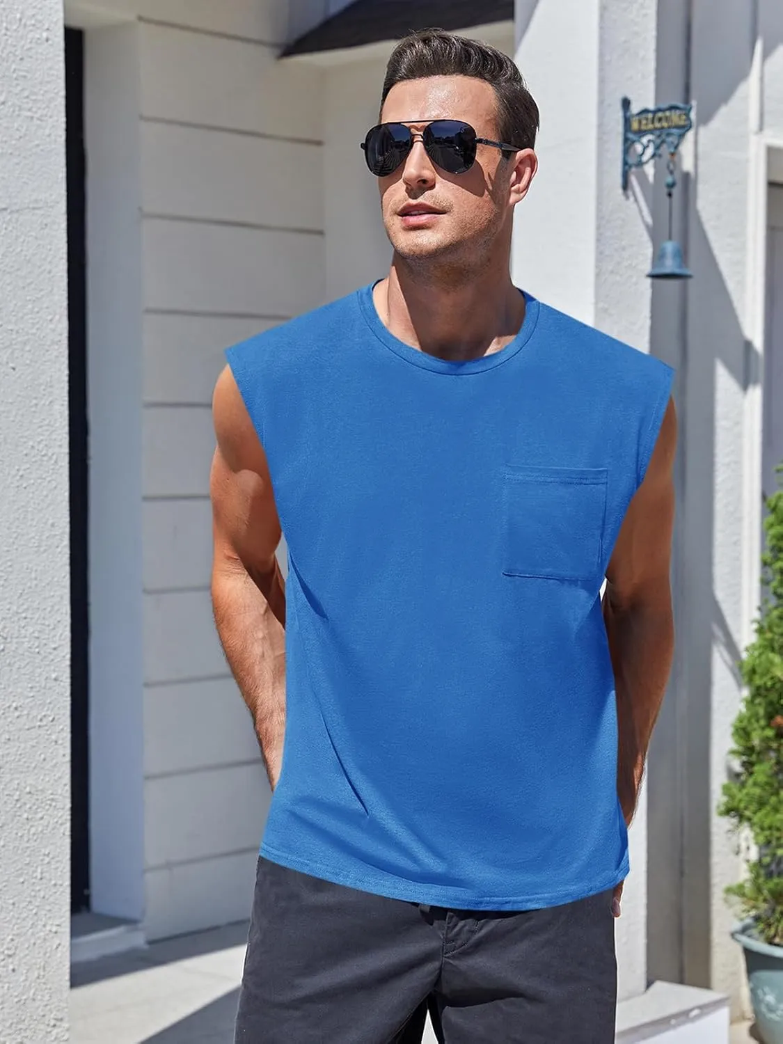 ZIWOCH Mens Sleeveless Tank Tops Workout Cut Off Shirts Muscle Gym T Shirts with Pocket