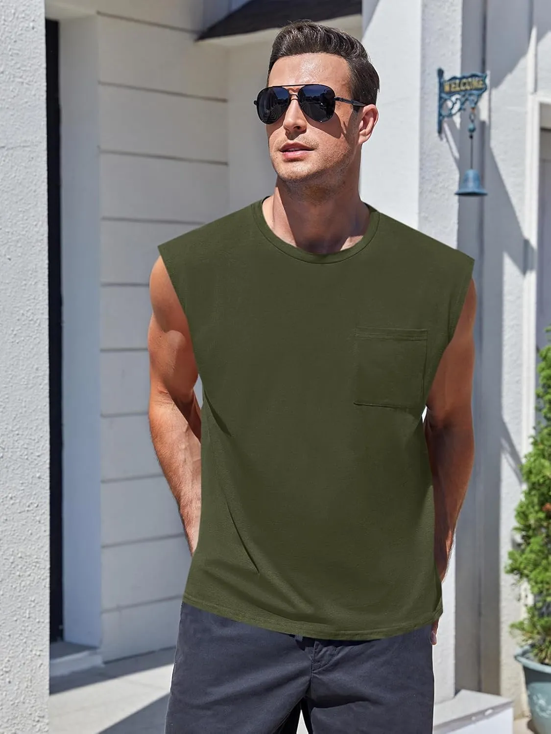 ZIWOCH Mens Sleeveless Tank Tops Workout Cut Off Shirts Muscle Gym T Shirts with Pocket