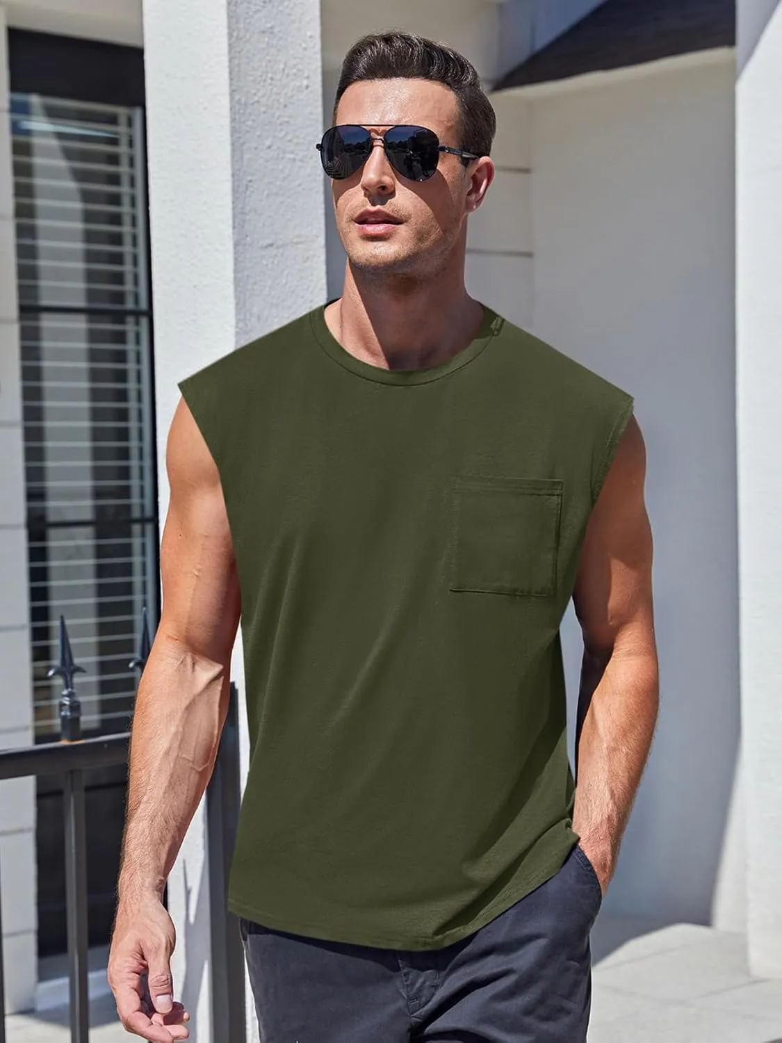 ZIWOCH Mens Sleeveless Tank Tops Workout Cut Off Shirts Muscle Gym T Shirts with Pocket
